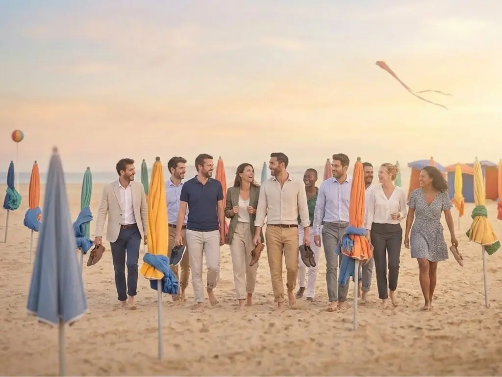 Team Building Deauville - Plage emblématique aux parasols rouge et bleu, équipe d'entreprise en moment convivial sur la Côte Fleurie