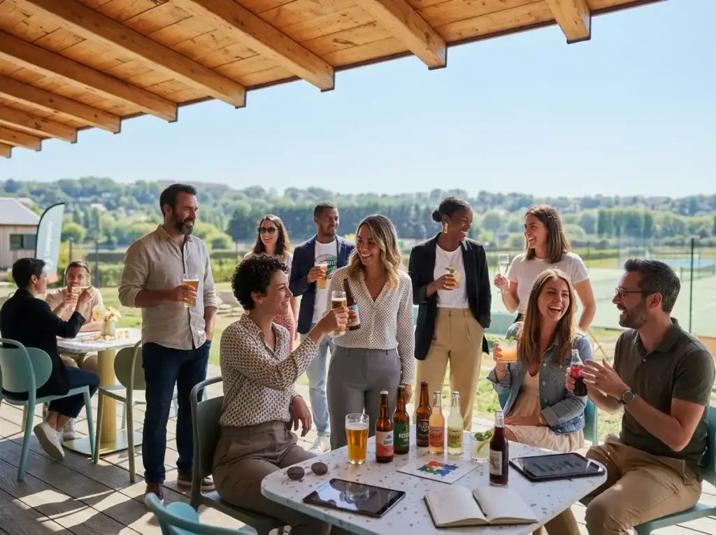 Team Building Deauville - Équipe d'entreprise en moment convivial sur la terrasse de DAMA Deauville après une journée d'activités