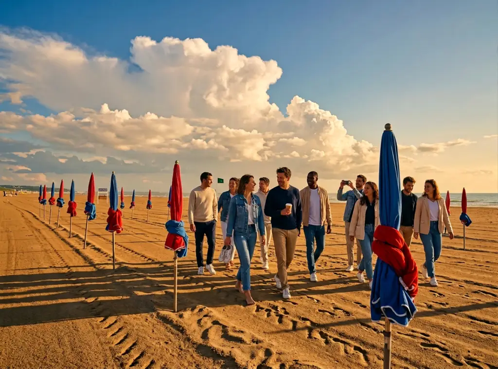 Team Building Deauville - Plage emblématique aux parasols rouge et bleu, équipe d'entreprise en moment convivial sur la Côte Fleurie